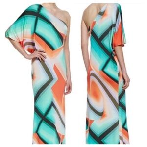 EUC [Trina Turk] Aqua Blue + Orange Asymmetrical 1 Shoulder Maxi Dress | XS · 2